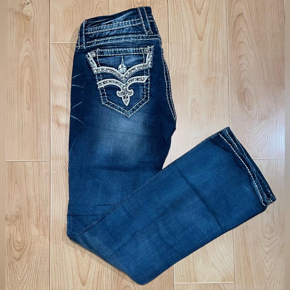 Rock Revival Dark Blue Boot Cut Jeans with Detailed Pockets